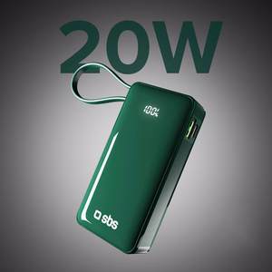 Внешний аккумулятор SBS 10000 mAh 20W со встроенным кабелем USB-C и цифровым дисплеем - зелёный