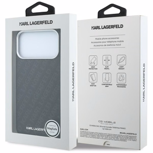 Karl Lagerfeld Grained Allover Logo Metal Elongated MagSafe maciņš iPhone 18 Pro / 17 Pro, melns