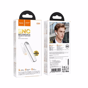 Hoco E201 bezvadu mono austiņa ar mikrofonu, ENC, Bluetooth 6.0, 130 mAh, balta