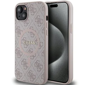 Guess 4G kolekcija ādas metāla logotips Magnētiskais apvalks iPhone 14/15/13 - rozā