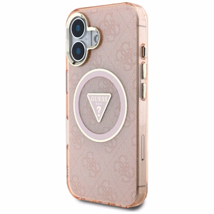 Guess IML Metal Glitter 4G Circle Triangle magnētiskais viedtālruņa apvalks iPhone 16 - rozā
