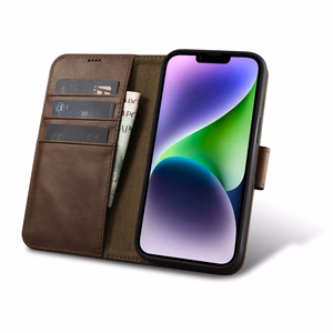 iCarer Eļļas Vaska Maki Apvalks 2in1 Vāks iPhone 14 Plus Anti-RFID Ādas Atverams Apvalks Brūns (WMI14220723-BN)