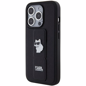 Karl Lagerfeld Gripstand Saffiano Choupette Pins viedtālruņa apvalks iPhone 14 Pro - melns