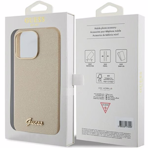 Guess Glitter Glossy Script Viedtālruņa apvalks iPhone 15 Pro Max - zelts