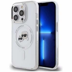 Karl Lagerfeld IML Metal Karl & Choupette Head MagSafe viedtālruņa apvalks iPhone 14 Pro - balts
