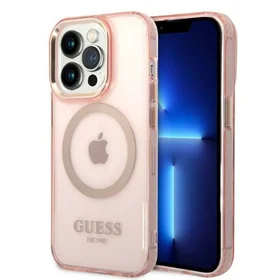 Guess GUHMP14LHTCMP iPhone 14 Pro 6.1" rozā/rozā cietais apvalks Zelta kontūra Caurspīdīgs Magnētiskais