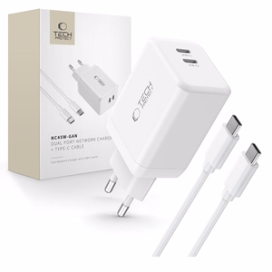 Tech-Protect NC45W-GAN 2-PORT PD45W lādētājs + TYPE-C kabelis - balts