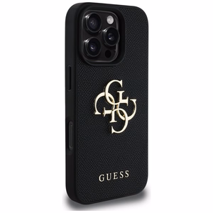Guess graudainais lielais 4G logotips mazais klasiskā logotipa apvalks iPhone 16 Pro Max - melns