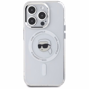 Karl Lagerfeld IML Metāla Karla Galvas Magnētiskais viedtālruņa apvalks iPhone 15 Pro Max balts