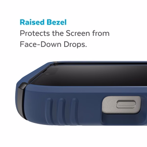 Speck Presidio2 Grip vāciņš ierīcei iPhone 15 Plus / 14 Plus, ar neslīdošu satvērienu, “Coastal Blue / Black / White” krāsu kombinācija