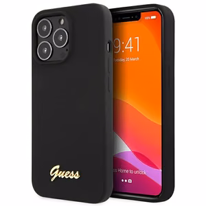 Viedtālruņa apvalks Guess GUHCP13XLSLMGBK iPhone 13 Pro Max 6.7" melna/melna cietais apvalks Silikona Uzraksts Zelta Logotips