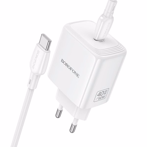 Borofone BN33 Fuente GaN USB-C tīkla lādētājs QC3.0 PD 40W ar USB-C kabeli balts