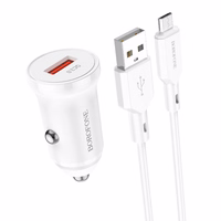 Borofone Automašīnas lādētājs BZ18 - USB - QC 3.0 18W ar USB uz Micro USB kabeli balts