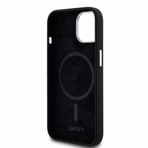 DKNY apvalks no šķidrā silikona MagSafe viedtālrunim iPhone 15 Plus / 14 Plus ar metāla logotipu - melns (m)