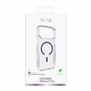 Puro Lite Mag TPU+PC viedtālruņa apvalks saderīgs ar MagSafe iPhone 17 Pro - caurspīdīgs ar zilu gredzenu