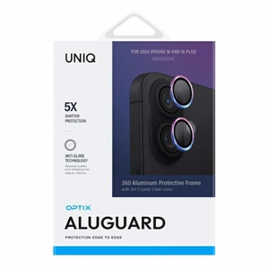 Uniq Optix alumīnija kameras lēcas aizsargs ar aplikatoru iPhone 16 / iPhone 16 Plus - varavīksnes krāsas