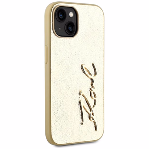 Karl Lagerfeld Wrinkled Metal Signature viedtālruņa apvalks iPhone 15 - zelta