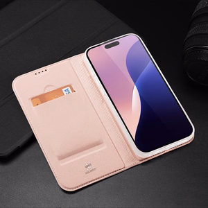 Dux Ducis Skin Pro viedtālruņa apvalks iPhone 16 Pro Max ar atveramu vāciņu un karšu nodalījumu - rozā