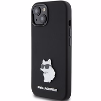 Karl Lagerfeld silikona Choupette Metal Pin viedtālruņa apvalks iPhone 15 Plus / 14 Plus - melns
