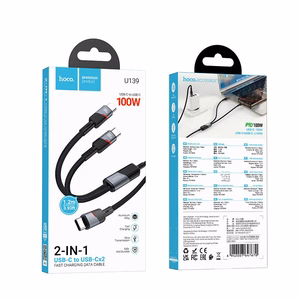 Kabelis 2in1 USB C uz USB C / USB C Hoco 5A 100W 1,2 m U139 melns
