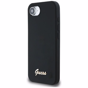 Guess Silicone Script Metal Logo MagSafe viedtālruņa apvalks iPhone 16e - melna