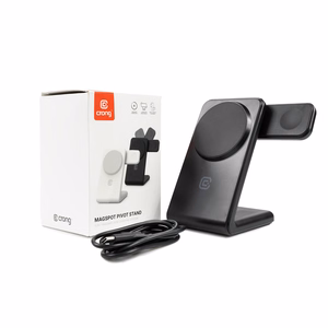 Crong MagSpot Pivot Stand 3 vienā bezvadu lādētājs iPhone, Apple Watch un AirPods ierīcēm, saderīgs ar MagSafe, melns