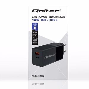 Qoltec 52382 GaN POWER PRO lādētājs | 1xUSB type C | 1xUSB A | 100W | 5-20V | 1.5-5A | PD | melns