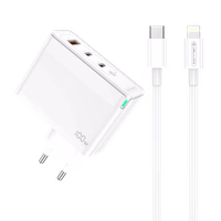 JELLICO sienas lādētājs C118 GaN PD 100W 2xUSB-C + 1xUSB QC3.0 + kabelis USB-C - Lightning Balts