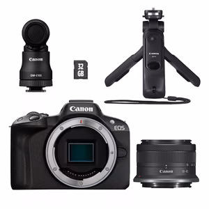 Canon EOS R50 + RF-S 18-45mm CREATOR KIT (SIP) Megapixel 24.2 MP Image stabilizer ISO sensitivity (max) 32000 Display diagonal 2.95 " Wi-Fi Video recording Automatic, manual CMOS Black