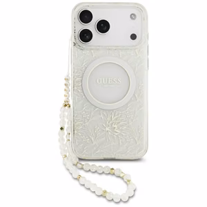 Guess IML Flowers Electro Pearl Strap MagSafe Case for iPhone 17 Pro Max - White