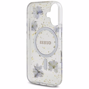 Guess Resin Flowers Glitter MagSafe iPhone 16 viedtālruņa apvalks (m) - violets