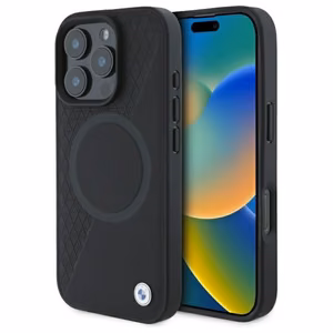 BMW Sign Ādas Pusteksturēts Un Apļveida Magnētiskais viedtālruņa apvalks iPhone 16 Pro Max - melns