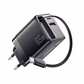 Lādētājs Essager "Scope" melns 65W (1xPD / 1xQC3.0) + integrēts Type-C kabelis