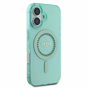 Guess IML Rhinestones Magnētiskais viedtālruņa apvalks iPhone 16 - zaļš