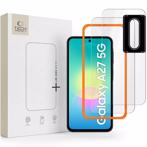 Tech-Protect Easy Set+ 2 daļu rūdīta stikla aizsargu komplekts ekrānam un kameras objektīviem modelim Samsung Galaxy A27 5G