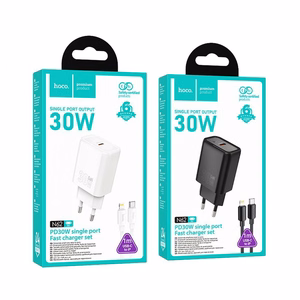 Lādētājs viedtālrunim Hoco USB C QC PD 30W + kabelis USB C uz Lightning N62 melns