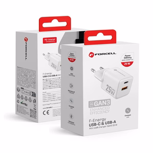 FORCELL F-ENERGY Mini GaN III VT-25B ceļojumu lādētājs ar 1 x Type C + 1x USB A ligzdām, PD QC4.0 25W balts