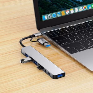 Tech-Protect HB06 HUB adapteris 8in1 TYPE-C + USB2.0 + USB3.0 + SD/TF + AV3.5 - pelēks
