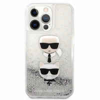 Karl Lagerfeld Šķidrs Glitter Karl&Choupette Galvas viedtālruņa apvalks iPhone 13 Pro / iPhone 13 - sudraba