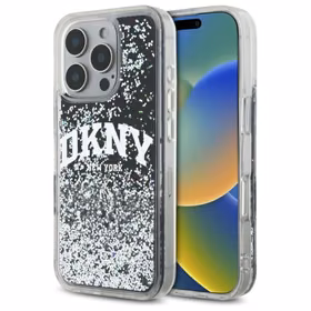 DKNY DKHCP16LLBNAEK iPhone 16 Pro 6.3" melns/melns cietais viedtālruņa apvalks Liquid Glitter Arch Logo