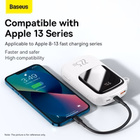 Baseus Qpow ar digitālo indikatoru portatīvais lādētājs ar ātru uzlādi 20000mAh 22.5W QC/PD/SCP/FCP ar iebūvētu USB-C kabeli balta