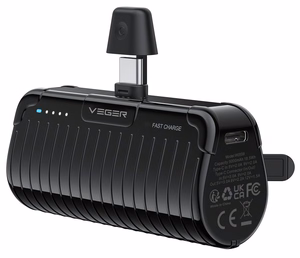 Внешний аккумулятор Veger PlugOn (W0558) PD QC3.0 3A 20W 5000 mAh со встроенным коннектором Type C чёрный