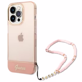 Guess GUHCP14LHGCOHP iPhone 14 Pro 6.1" rozā/rozā cietais apvalks Caurspīdīga Pērļu Siksna