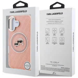 Karl Lagerfeld IML Glitter Karl & Choupette Heads Logo MagSafe maciņš iPhone 16 - rozā