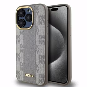 DKNY Ādas rūtainais mono raksts Magnētiskais viedtālruņa apvalks iPhone 15 Pro - bēša