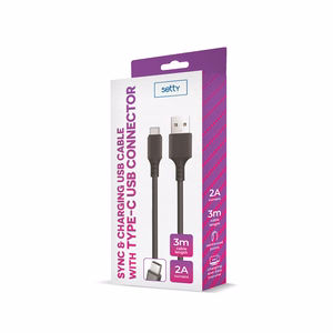 Setty kabelis USB - USB-C 3,0 m 2A melns JAUNS