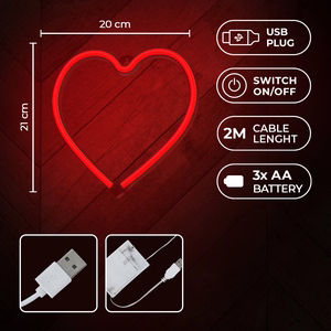 Neon LED Light HEART sarkans Bat + USB FLNE07 Forever Light