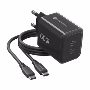 Forcell F-Energy GaN III Crystal Color VT-60 tālruņa lādētājs, 2 × USB-C, AVS, SSFC3.0, 60 W, ar silikona USB-C–USB-C kabeli, melns