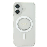 Guess IML Rhinestones magnētiskais viedtālruņa apvalks iPhone 16 - balts