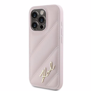 Karl Lagerfeld diagonāli stepēts Script viedtālruņa apvalks iPhone 15 Pro - rozā